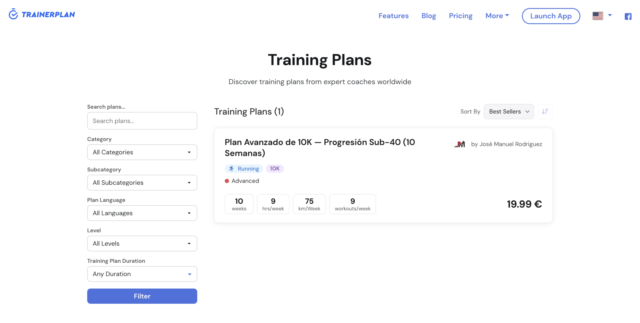 Catálogo de planos de treino do Marketplace do TrainerPlan com filtros