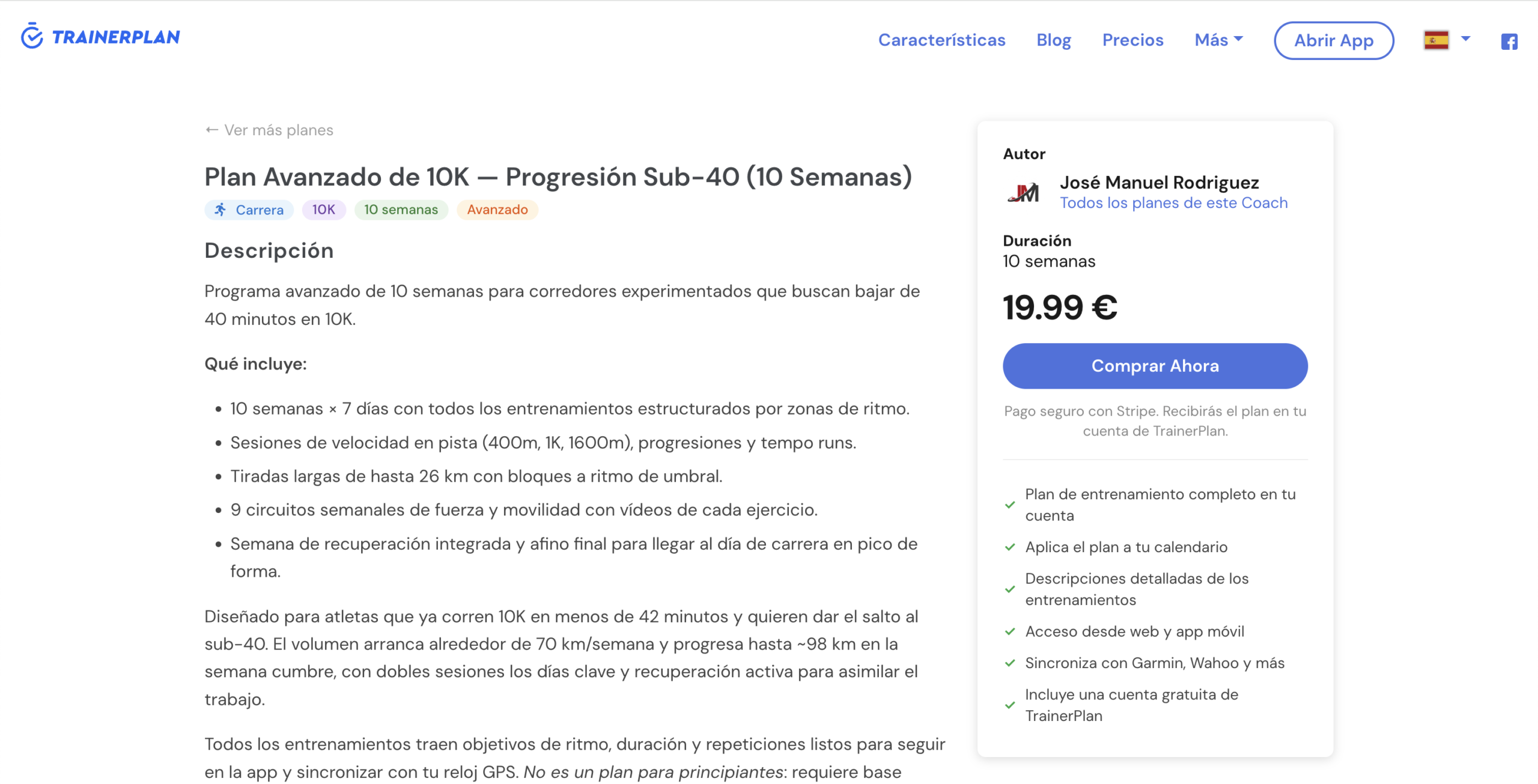 Página de detalhe de um plano de treino com descrição e botão Comprar agora