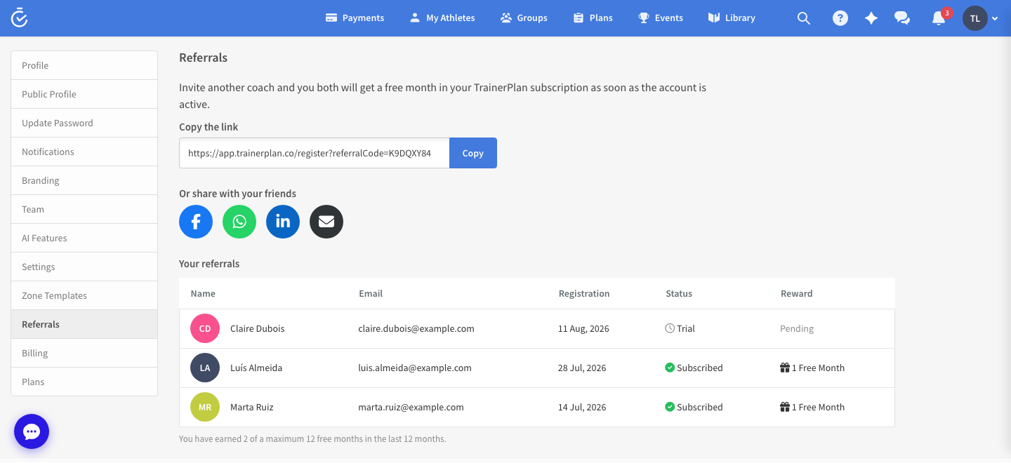 The Referrals page in TrainerPlan