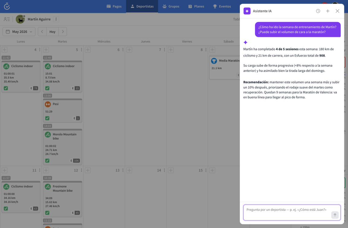 Asistente de IA de TrainerPlan respondiendo sobre la semana de un deportista