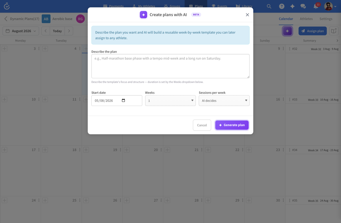 AI plan generator over a plan's calendar