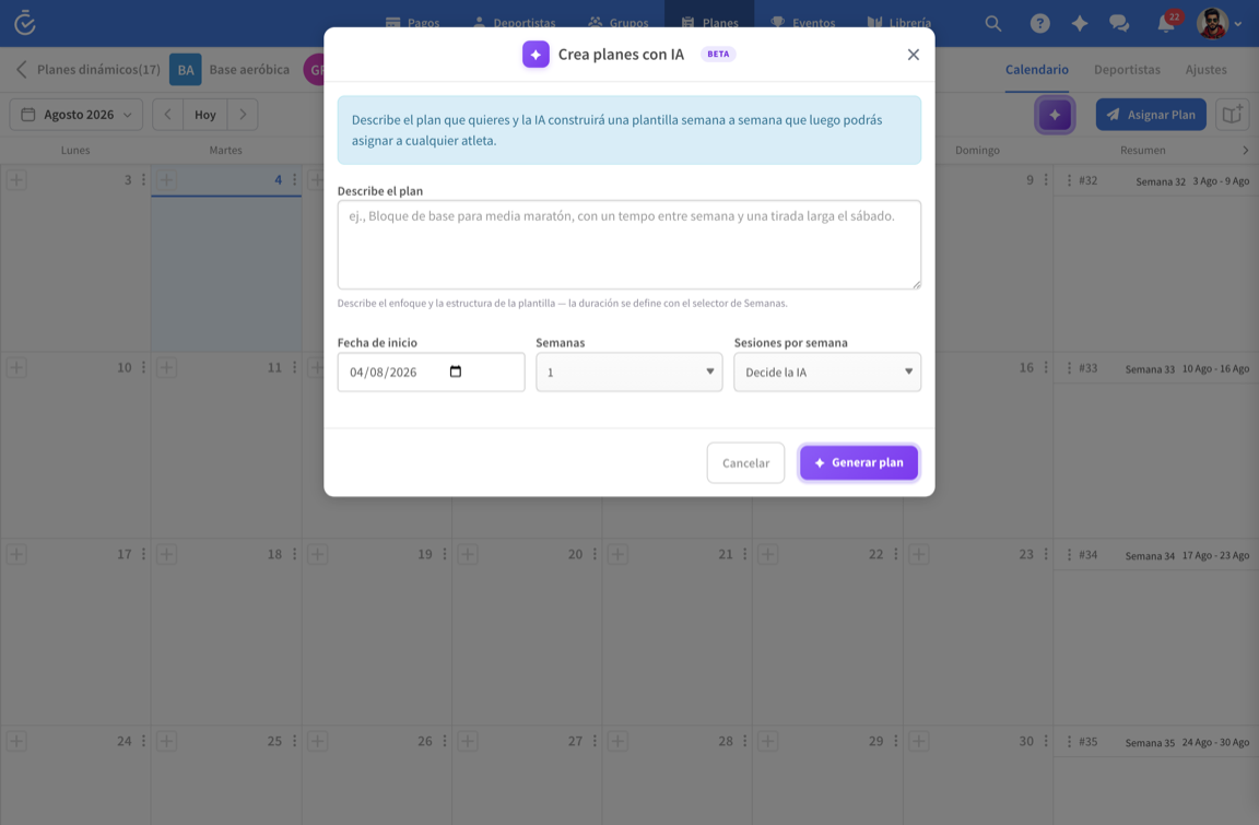 Generador de planes con IA sobre el calendario de un plan