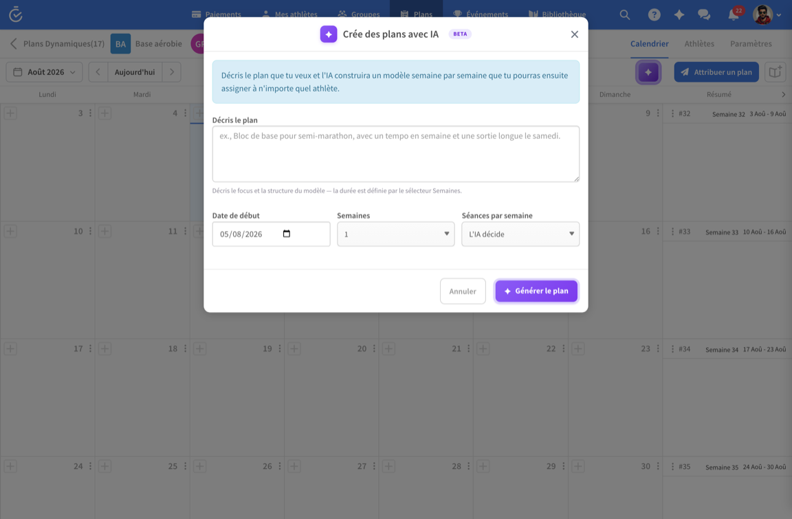 Générateur de plans par IA sur le calendrier d'un plan