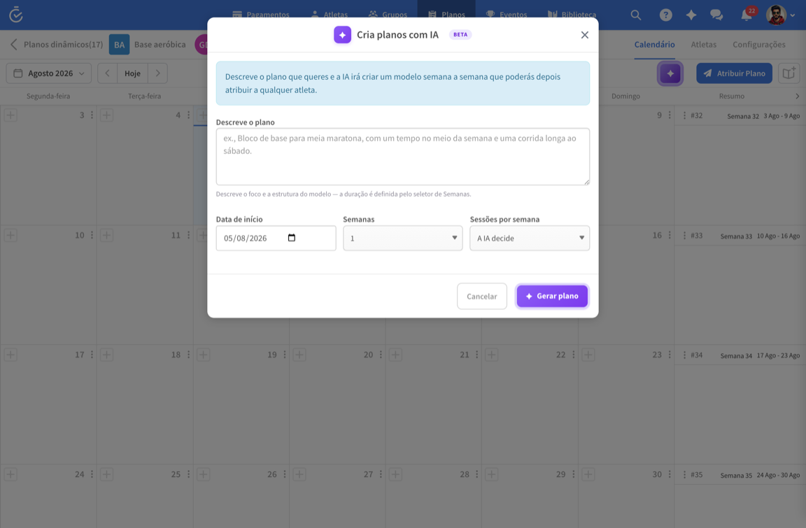 Gerador de planos com IA sobre o calendário de um plano