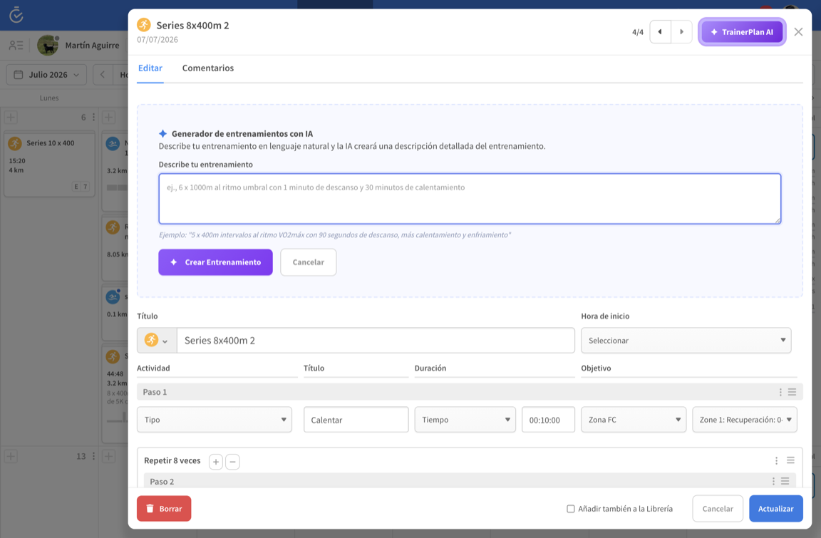 Generador de entrenamientos con IA dentro del editor de sesiones