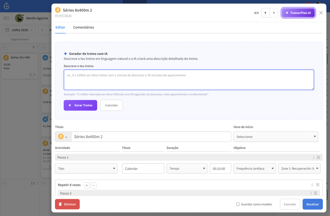 Gerador de treinos com IA dentro do editor de sessões