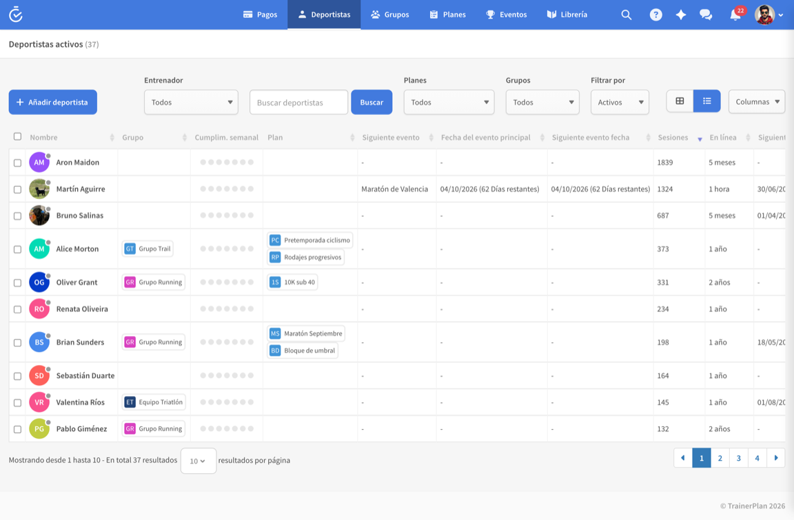 Lista de deportistas activos en TrainerPlan, disponible online en todas las plataformas
