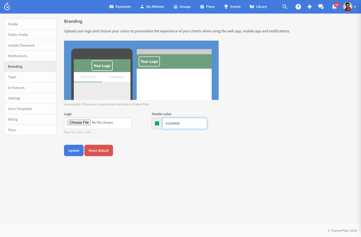 Customizing your brand's logo and colors in TrainerPlan
