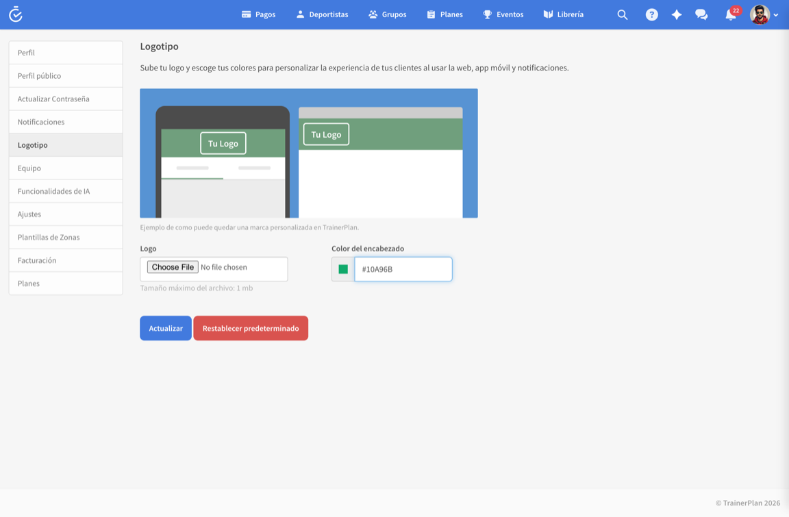 Personalización de logo y colores de tu marca en TrainerPlan
