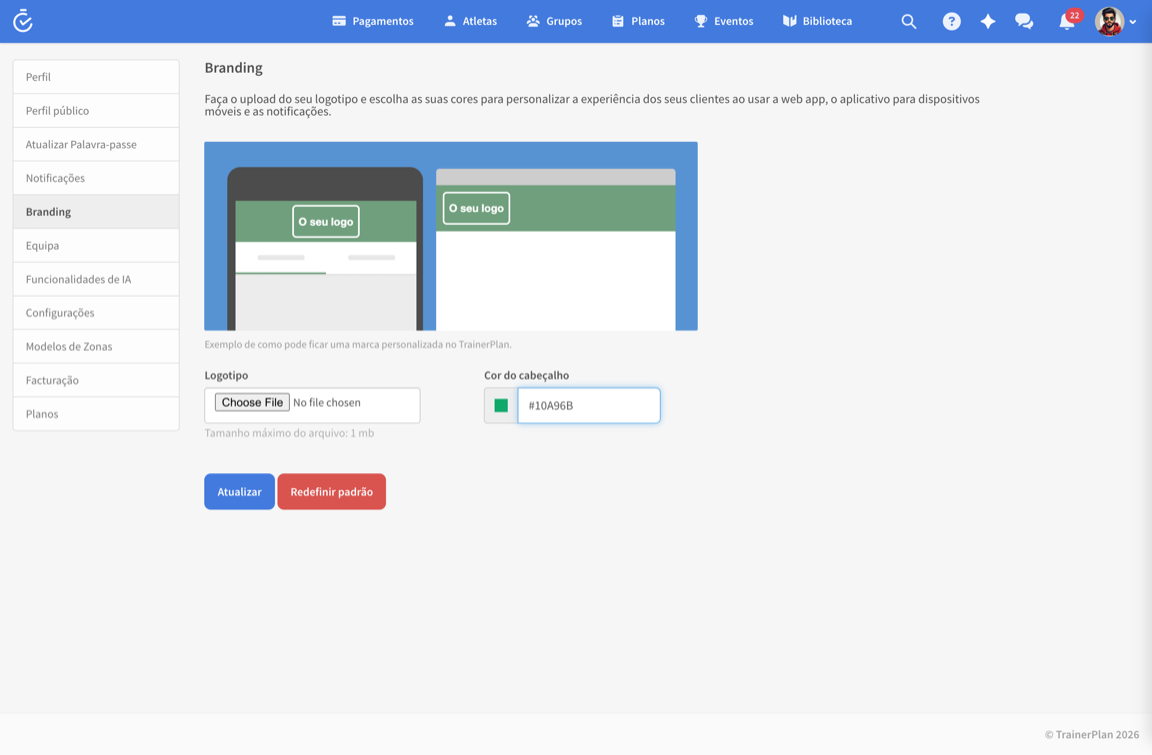 Personalização do logótipo e das cores da sua marca no TrainerPlan