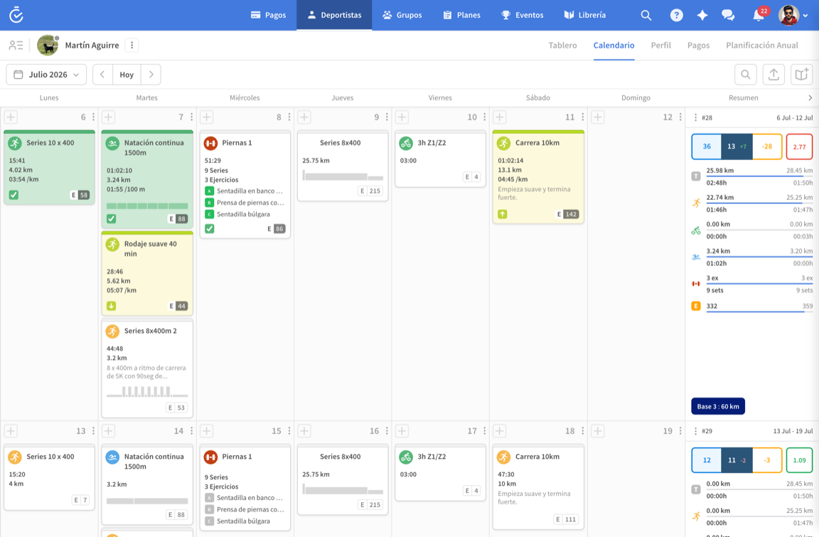 Calendario de entrenamientos de un deportista en TrainerPlan