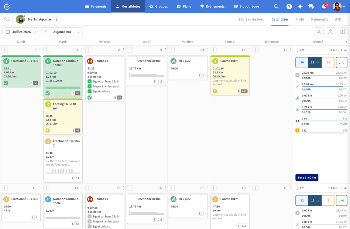 Entraînements synchronisés depuis la montre dans le calendrier de TrainerPlan