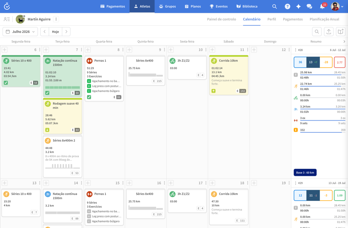 Calendário de treinos de um atleta no TrainerPlan