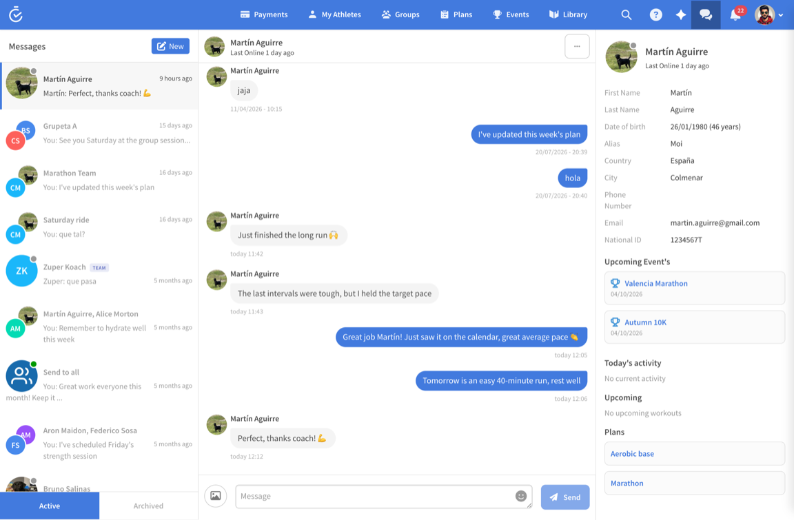 Real-time chat between coach and athlete in TrainerPlan