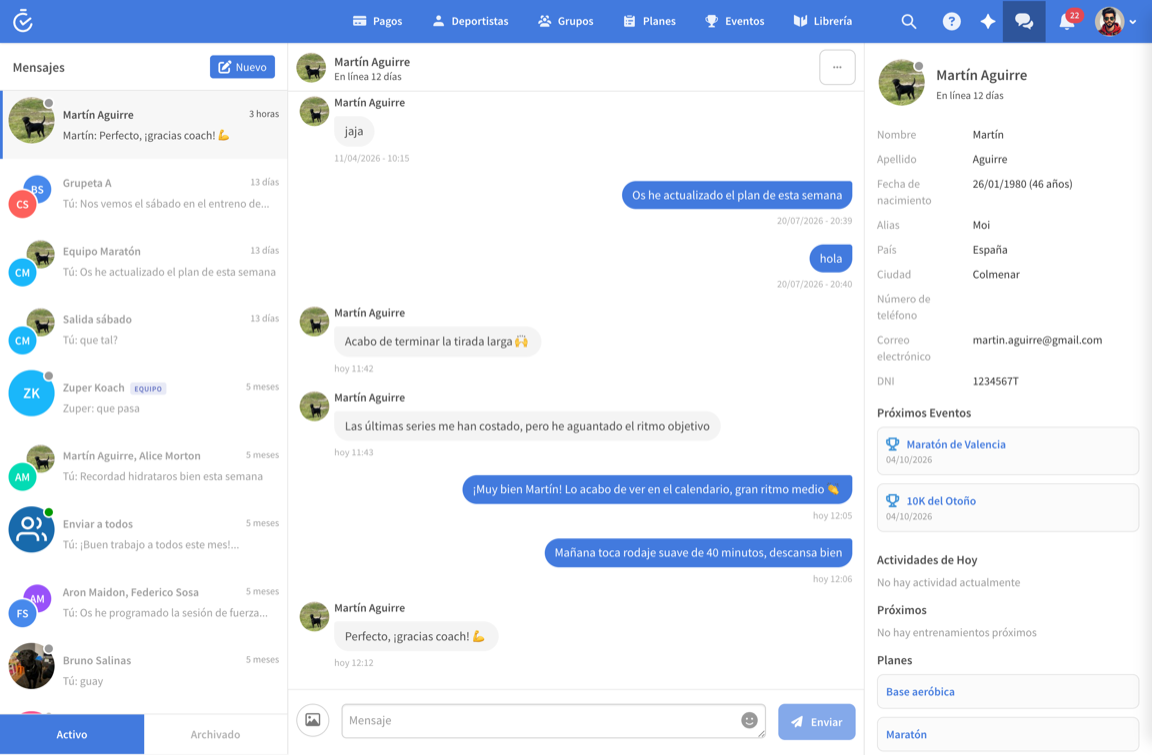 Chat en tiempo real entre entrenador y deportista en TrainerPlan
