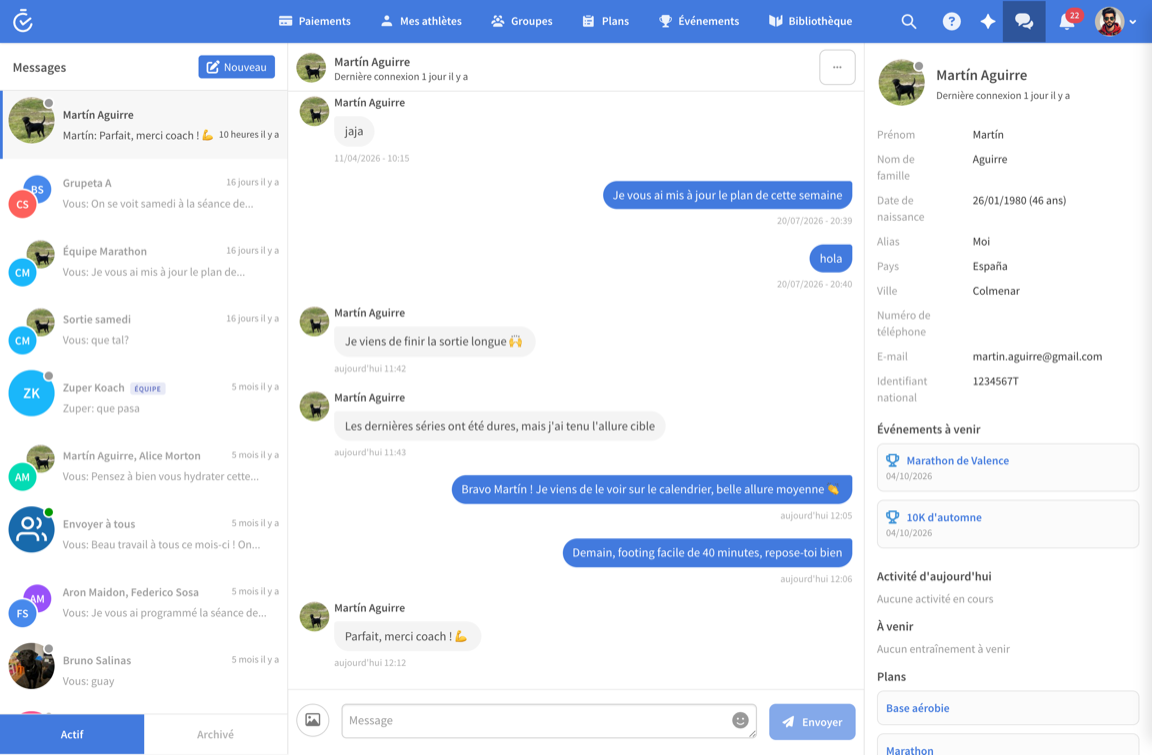 Chat en temps réel entre entraîneur et athlète dans TrainerPlan
