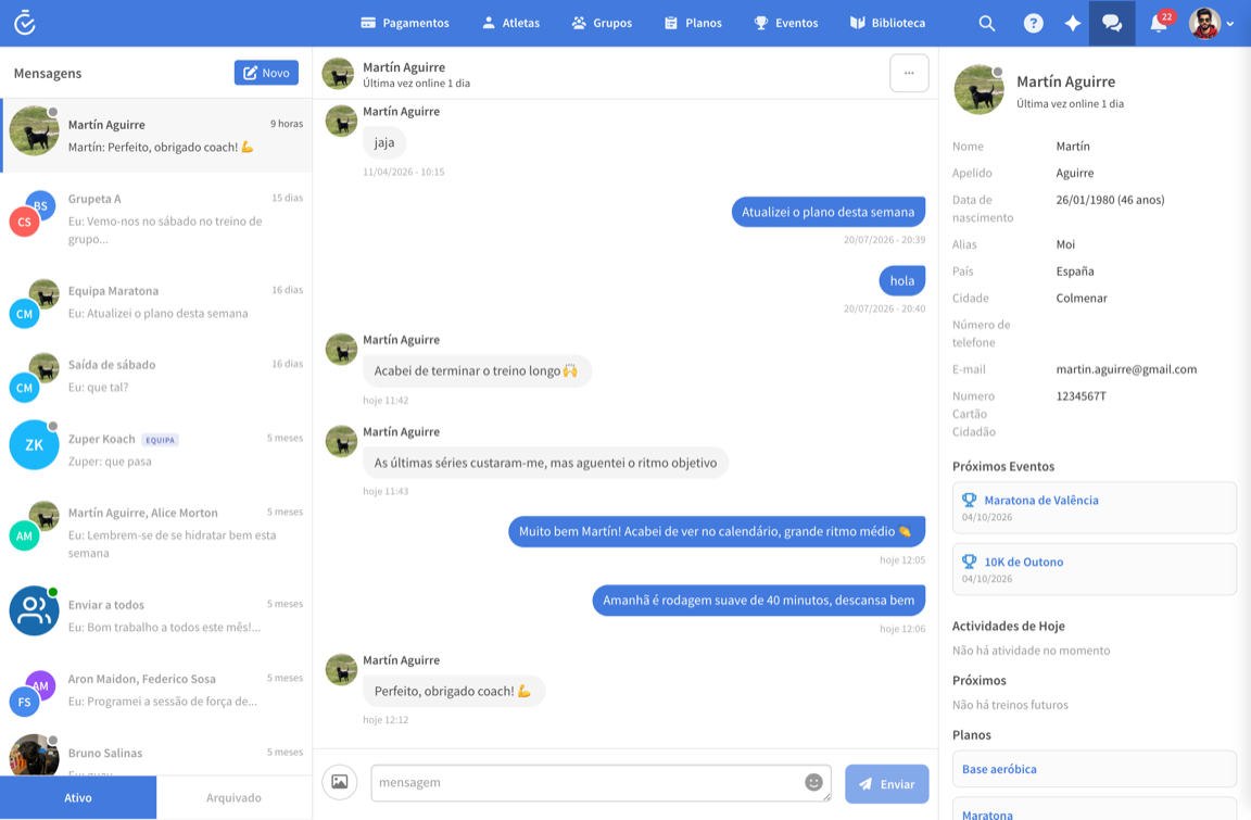 Chat em tempo real entre treinador e atleta no TrainerPlan
