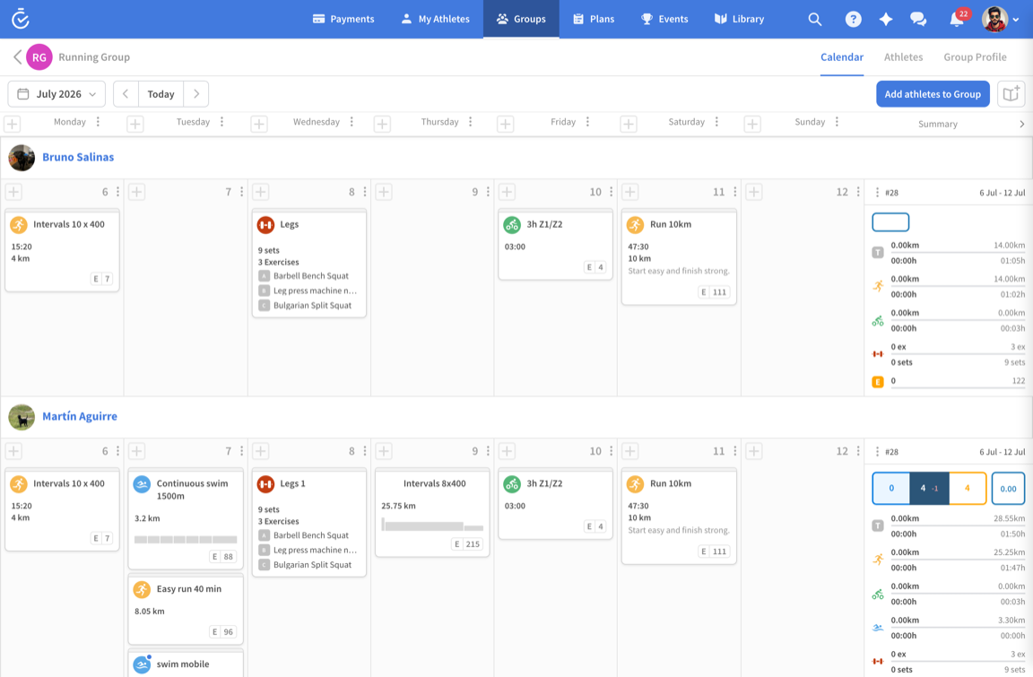 A training group's shared calendar in TrainerPlan