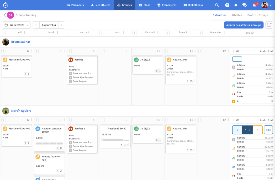 Calendrier d'un groupe avec plusieurs athlètes dans TrainerPlan