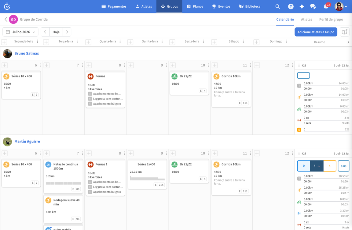Calendário de um grupo com vários atletas no TrainerPlan