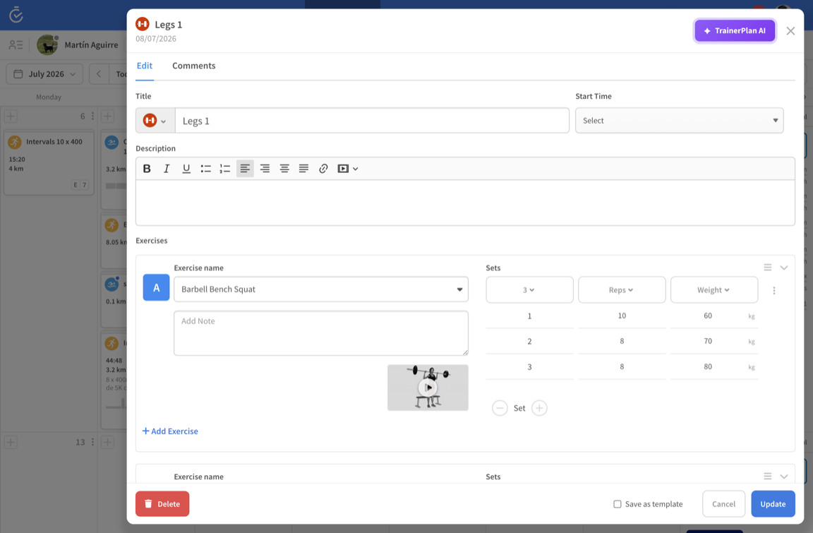 A strength session in the TrainerPlan builder