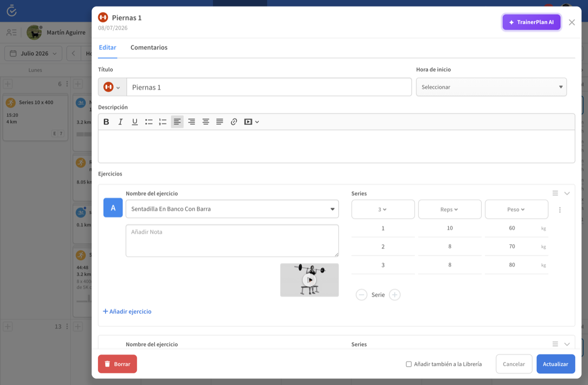 Constructor de sesiones de fuerza con vídeos de ejercicios, series y peso