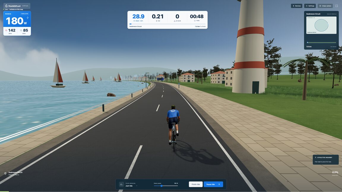 A planned workout ridden in TrainerPlan Virtual with power, heart rate and cadence on screen