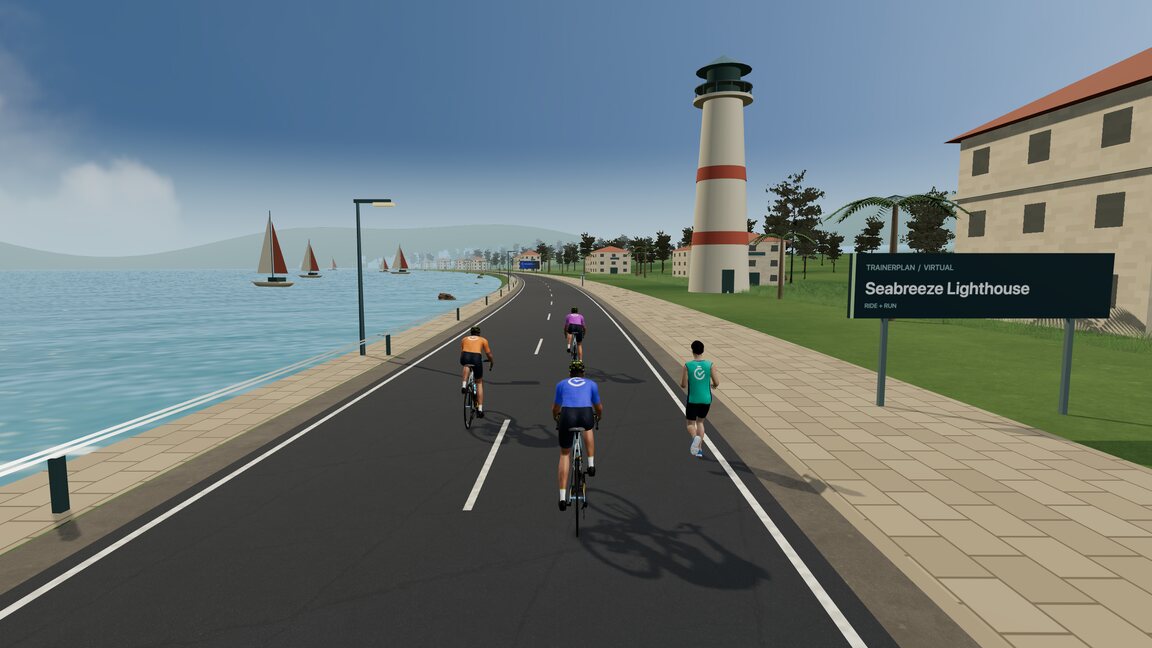Cyclists and a runner sharing the same road in TrainerPlan Virtual