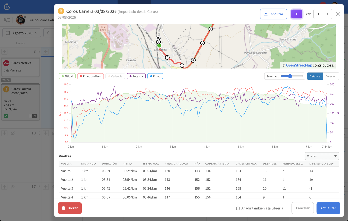 A workout detail in TrainerPlan with the map, the heart rate, power and pace charts, and the lap table