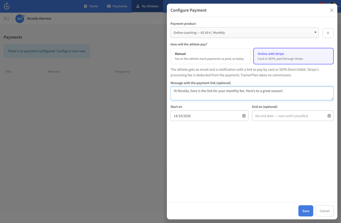 Setting up an online payment with Stripe for an athlete