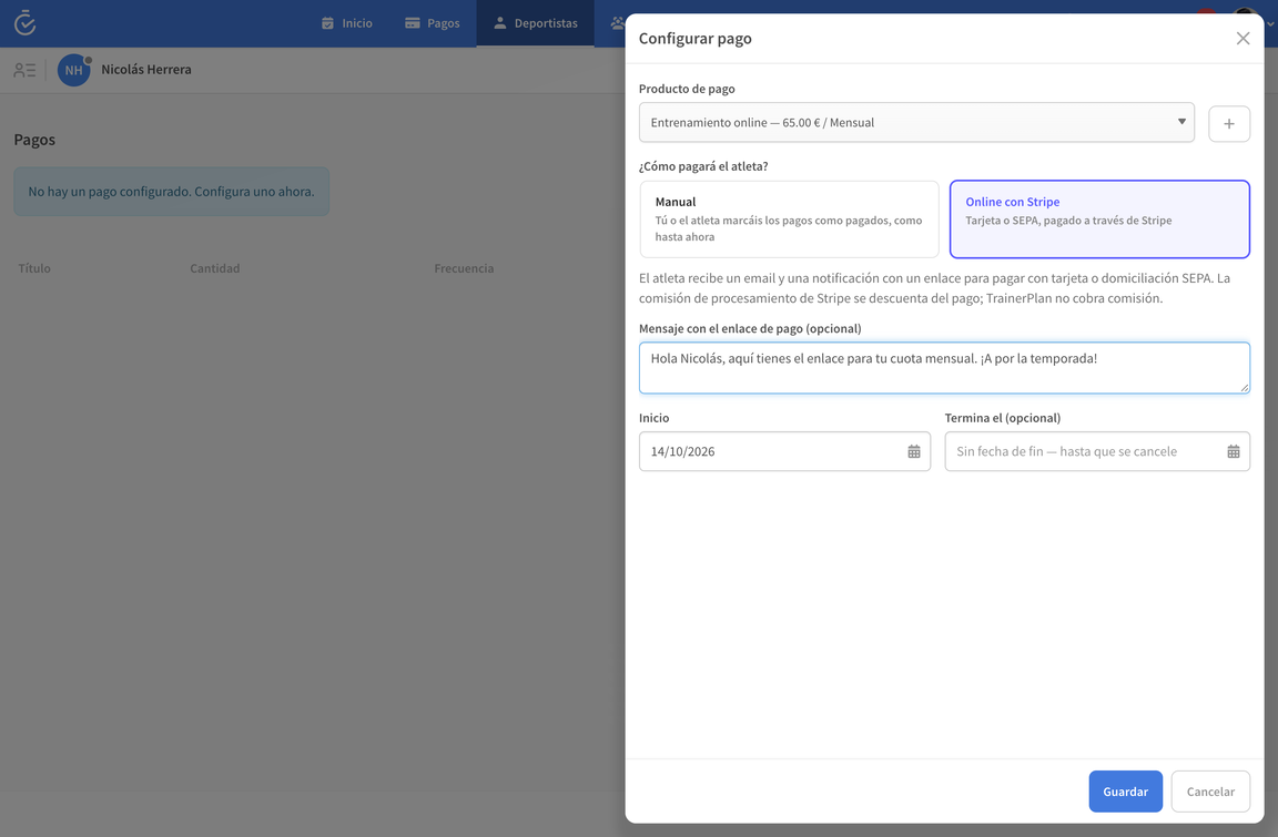 Configurar un pago online con Stripe para un deportista