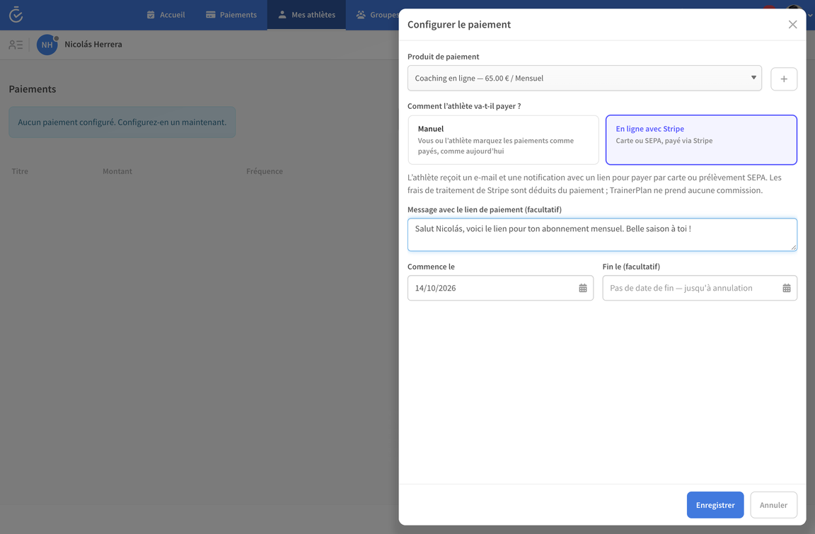 Configurer un paiement en ligne avec Stripe pour un athlète