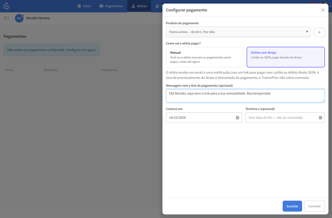 Configurar um pagamento online com Stripe para um atleta